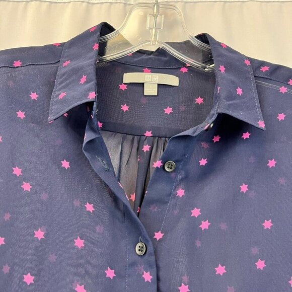 Uniqlo Womens Button Front Shirt Multicolor Stars Print Long Sleeve Sheer S - Picture 9 of 10